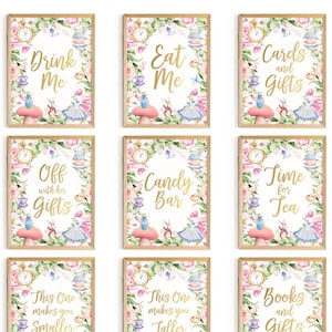 Pacote de placas de festa de Alice no país das maravilhas, decorações de festa de chá louco, decoração de festa de primeiro aniversário de Onederland Girl, estampas florais de jardim rosa dourado