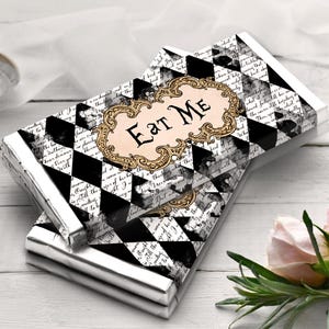 Emballages de barres chocolatées Alice au pays des merveilles, lot d'étiquettes imprimables, emballage de bonbons « Mangez-moi », cadeau de fête au pays des merveilles, décoration numérique de fête Alice