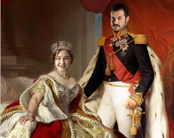 Personalisiertes König- und Königinportrait, Paarportrait von Fotos, DIGITALER DOWNLOAD zum Ausdrucken auf Poster oder Leinwand, Königliches Familienportrait