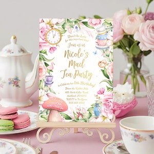 Alice in Wonderland Birthday Party Invitation, Mad Hatter Tea Party, Thank You Card Included