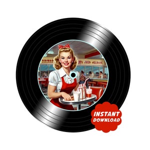 Puede incluir: Ilustración retro de una camarera sonriente en un restaurante, sosteniendo una bandeja con batidos y una hamburguesa. La imagen está dentro de un disco de vinilo negro, con una pegatina roja "INSTANT DOWNLOAD".