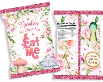 May include: Pink and green Alice in Wonderland themed party favour bags with a white background. The bags feature a floral design with a key, a teacup, a mushroom, and a clock. The text on the bag reads "Nicole's 1st Birthday! Eat Me".