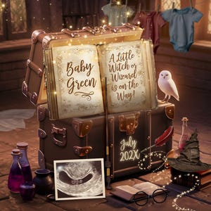 Annonce de grossesse numérique Wizard, annonce de bébé fantastique, révélation magique sur les réseaux sociaux, petit bébé Wizard en route, révélation du sexe