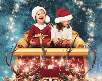 Portrait de traîneau de Santa à partir de photo, cadeau photo de Noël numérique, service de retouche photo, art numérique de Noël, carte postale de Noël