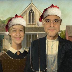 Christmas Gift, American Gothic Portrait with Santa Hats from your Photo, Digital Portrait for Couple, Anniversary Gift, Personalized Gifts