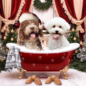 Multiple Pet Portrait, Custom 2 Pet Christmas Portrait from Photo, Custom Dog Art, Christmas Bathroom Gift for Pet Lovers Holiday Decor