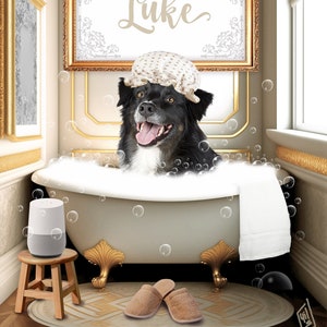 Custom Pet Portrait from Photo, Funny Dog in Bathtub Wall Art, Bathroom Art Decor, Digital File Print, Personalized Dog Lover Gift