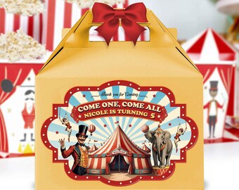 Circus Carnival Party Gable Gift Box Label, Printable and Personalized Gable Box Stickers, Vintage Circus Theme Party, Carnival Party Decor