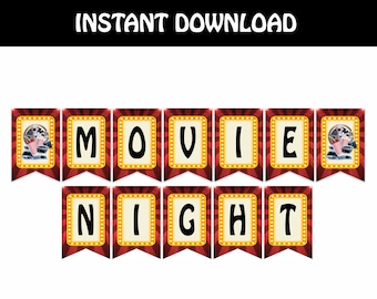 Movie Party Banner, Movie Night Banner, Movie Night Decorations, Movie Birthday Party, Movie Decorations, Bunting, Pennant, Digital File