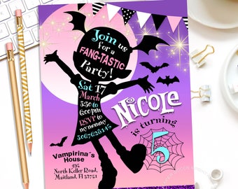 Little Vampire Invitation, Digital Halloween Birthday Invitation, Cute Vampire Girl Party, Costume Party Invite, Kids Halloween Party