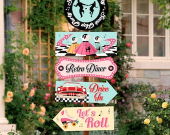 50s Sock Hop Party Signs, Instant Download, Colorful Retro 50s Room Decor, 1950s Adult Birthday Party Decorations, Cutouts Retro Props