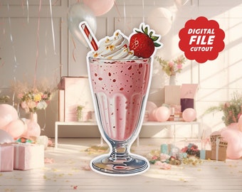 Strawberry Milkshake Cutout, 50s Sock Hop Stand Up Prop, Instant Download, Retro 50s Room Decor, 1950s Adult Birthday Party Vintage Decor