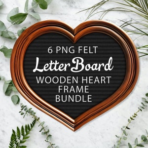 Felt Letter Board PNG Files Bundle, 6 PNG Wooden Heart Frame Letter Board with Transparent Background, Flat Lay Digital Download Clipart