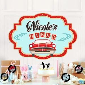 50s Sock Hop Party Sign, Personalized Vintage Diner Sign, Any Text Printable File, 1950s Party Decoration, Retro Poster Diner Party Decor