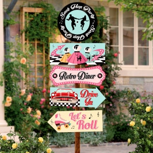 50s Sock Hop Party Signs, Instant Download, Colorful Retro 50s Room Decor, 1950s Adult Birthday Party Decorations, Cutouts Retro Props