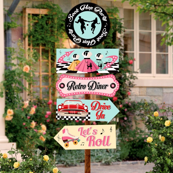 50s Sock Hop Party Signs, Instant Download, Colorful Retro 50s Room Decor, 1950s Adult Birthday Party Decorations, Cutouts Retro Props