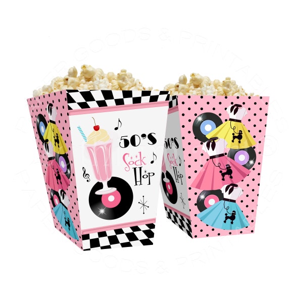 50s Sock Hop Popcorn Box, Instant Download, Printable Box for Sock Hop Party Decorations, DIY Popcorn Box