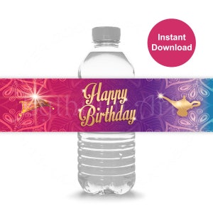 Arabian Princess Party Water Bottle Labels, Instant Download, Happy Birthday Printable Labels, Genie Princess Party Decor, Arabian Nights