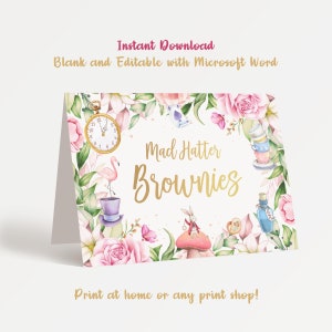 Alice in Wonderland Party Food Tents, Instant Download, Mad Hatter Tea Party Food Labels, Editable Food Tents, Printable Floral Food Tent