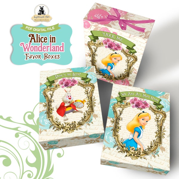 ALICE IN WONDERLAND Box, Alice Party, Alice Birthday Party, Alice Decorations, Printable Gift Box, Alice Boxes, Alice Favor Box, Digital