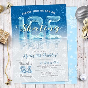 May include: A rectangular invitation card with a blue and white gradient background featuring falling snow and snowflake patterns. The text reads: Please join us for an ice skating party to celebrate Nicole's 10th birthday, December 24 Sunday.