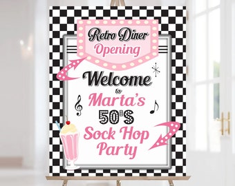 50s Sock Hop Party Welcome Sign, Personalized Birthday Sign, Any Text or Age, Printable File, 50s Party Decoration, Diner Party Decor