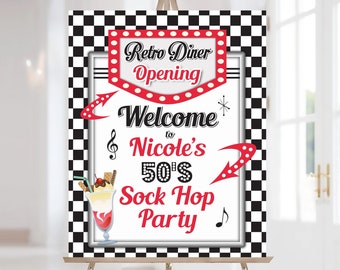 50s Sock Hop Party Welcome Sign, Personalized and Printable Birthday Sign, Any Text or Age, 1950s Party Decorations
