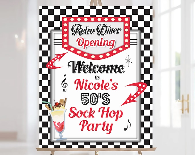 1950's Diner Birthday Party Sign, Printable Sock Hop Welcome Sign ...