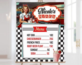 50s Retro Diner Menu, Personalized 50s Sock Hop Party Sign, 1950s Party Decoration, Diner Pin Up Waitress Printable File