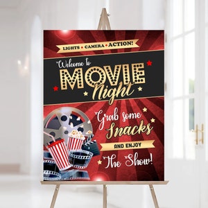 Movie Night Welcome Poster, Instant Download, Viewing Party Sign, Movie Marathon Watch Party Decor