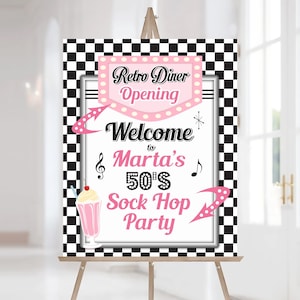 50s Sock Hop Party Welcome Sign, Personalized Birthday Sign, Any Text or Age, Printable File, 50s Party Decoration, Diner Party Decor