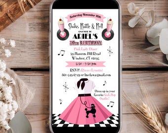 May include: A digital invitation on a smartphone screen for a 30th birthday party. The design features pink milkshakes, vinyl records, musical notes, and a poodle skirt illustration. Text includes "Shake, Rattle & Roll," "Ariel's 30th Birthday," and event details.