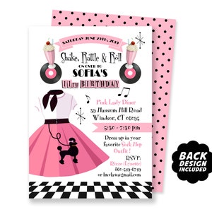 50's Sock Hop Invitation, Printable File + Back Design + Thank You Card