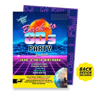 May include: A retro-themed party invitation with a neon blue and pink color scheme. The invitation features a sunset with palm trees and the text "Back to 80s Party" in a pixelated font. The invitation is for Jeno's 40th birthday and includes the date, time, and location of the party. The text "Fancy dress is mandatory! Come in vintage 80's get up or as your favourite celebrity-character from the decade" is also included.
