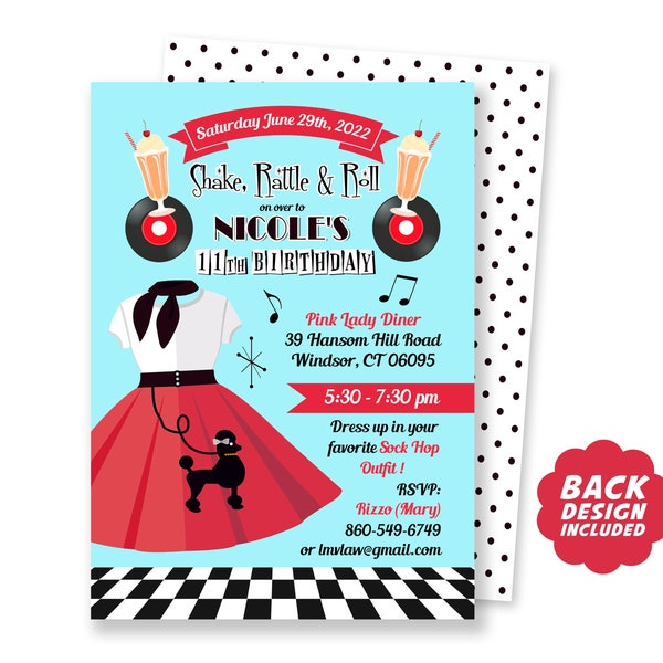 50's Sock Hop Party Invitation, Printable File, Diner Birthday Party Invite, Back Design and Thank you Card Included