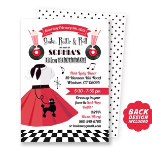 50's Sock Hop Invitation, 50's Party Digital Invite + Back Design + Thank You Card