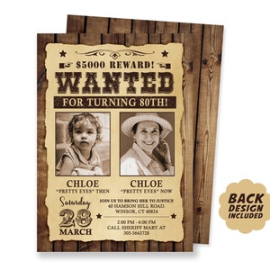 Then and Now Birthday Invitation, Adult Western Invitation, Digital Cowboy Cowgirl Party Invitation, Wanted Poster Invitation