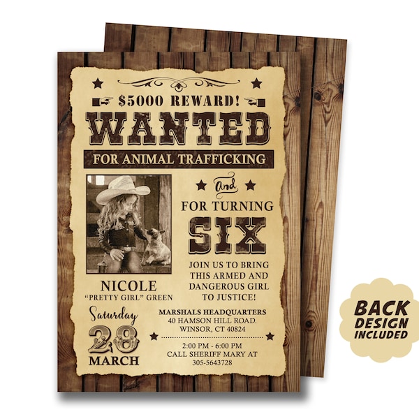 Wanted Poster Invitation, Digital Cowgirl Birthday Invitation, Western Birthday Party, Girls Birthday Invitation