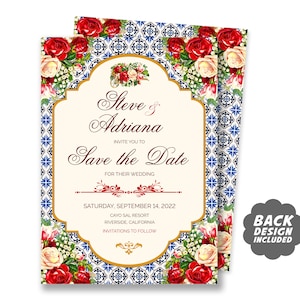 Puede incluir: Invitación de boda "Save the Date" con un borde de patrón de azulejos azules y blancos y rosas rojas y blancas. La invitación dice "Steve & Adriana" y "Save the Date" con la fecha "Sábado, 14 de septiembre de 2022" y la ubicación "Cayo Sal Resort, Riverside, California".