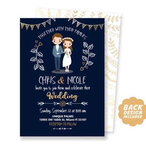 Modern Wedding Invitation, Wedding Invitation, Cartoon Wedding Invite, Navy Wedding Invite, Wedding Cartoon, Couple Cartoon, Digital Files