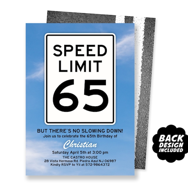 65th Birthday Invitation, Speed Limit 65, Adult Party Invitation, Personalized and Printable Party Invite, Road Sign Invite