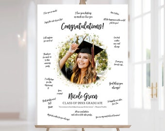 May include: A white graduation sign with a gold and green confetti design. The sign features a photo of a graduate in a cap and gown, with the text "Congratulations!" and "Nicole Green, Class of 20XX Graduate".