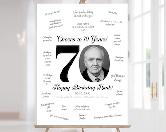 Puede incluir: Una foto en blanco y negro de un hombre está rodeada de mensajes para un 70 cumpleaños. El número 70 está en una fuente negra grande. El texto "Cheers to 70 Years!" y "Happy Birthday Hank!" también están en fuente negra. La fecha "06.10.19XX" está debajo del nombre.