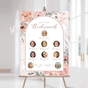 Meet the Bridesmaids Printable Sign, Custom Meet the Bridal Party, Blush Pink Floral Bridal Shower, Bachelorette Hen Party, Digital Download