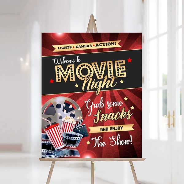 Movie Night Welcome Poster, Instant Download, Viewing Party Sign, Movie Marathon Watch Party Decor