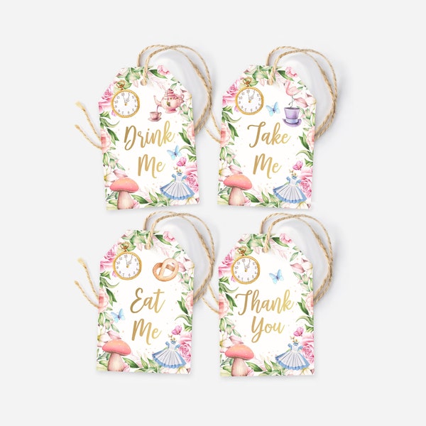 Alice In Wonderland Tags, Drink Me, Eat Me, Take Me and Thank you Tags, Mad Hatter Tea Party Decorations, Whimsical Wonderland Gift Tags
