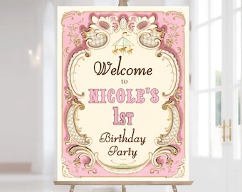 Carousel Welcome Sign, Vintage Carousel Birthday Party Poster, Girls Carnival Party Sign, Pink Carnival Themed Party Decorations