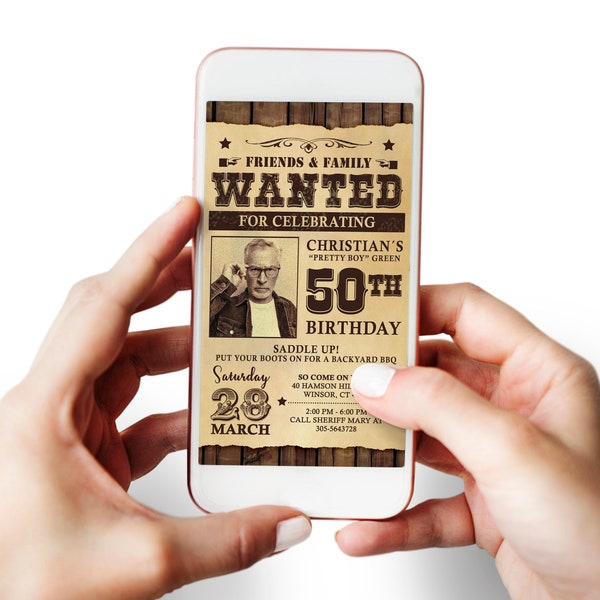 Adult Western Evite, Electronic Digital Party Invitation, Country Western Digital Invite, Mobile Phone Evite, Wanted Poster E-invite