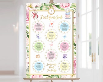 May include: A decorative sign for a tea party, featuring an Alice in Wonderland theme. The sign includes the text "Find your Seat" and "Samreen's Mad Tea Party". The design incorporates floral elements, clocks, and whimsical illustrations.