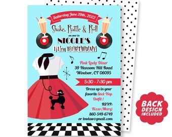 50's Sock Hop Party Invitation, Printable File, Diner Birthday Party Invite, Back Design and Thank you Card Included